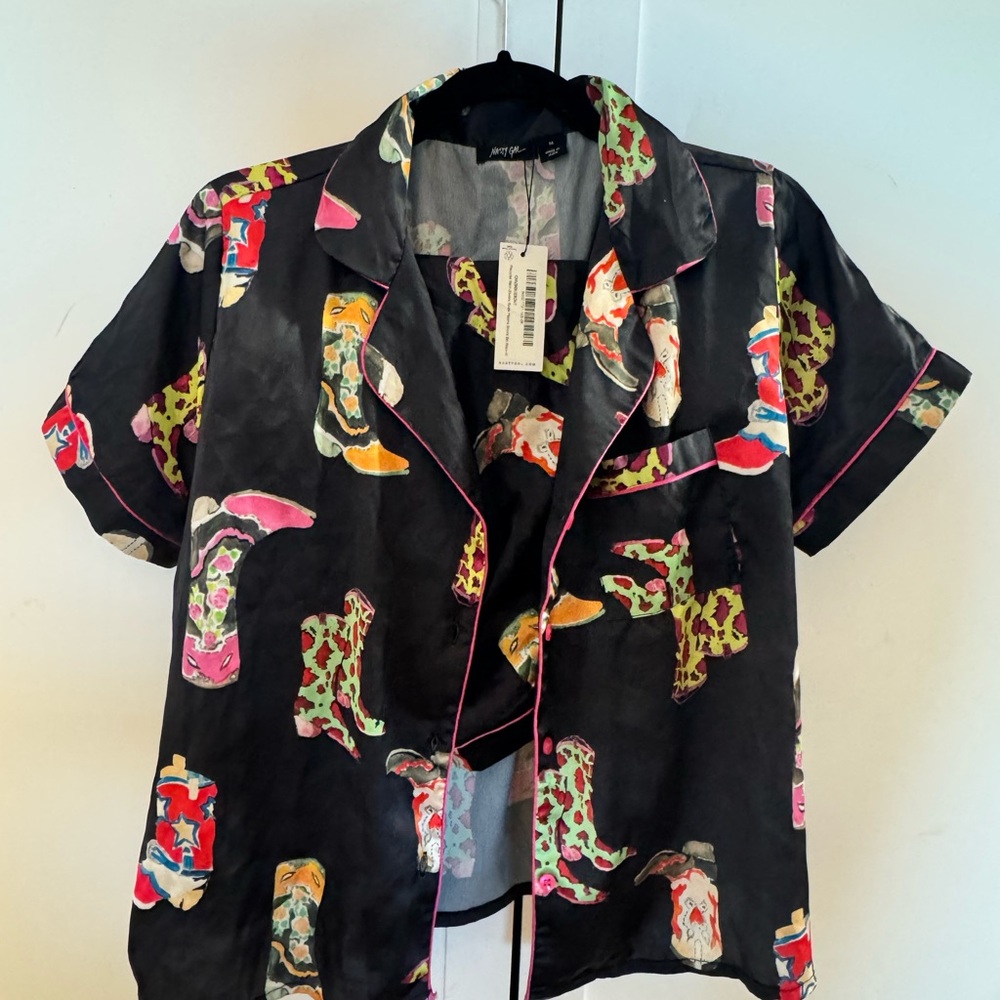 Nasty Gal Silk Pajama Set Colorful Cowboy Boot Western Print